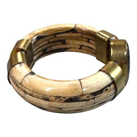 Vtg Carved Bone Boho Brass Wood Bangle Bracelet Large Amethyst Stone Statement - Picture 10 of 10
